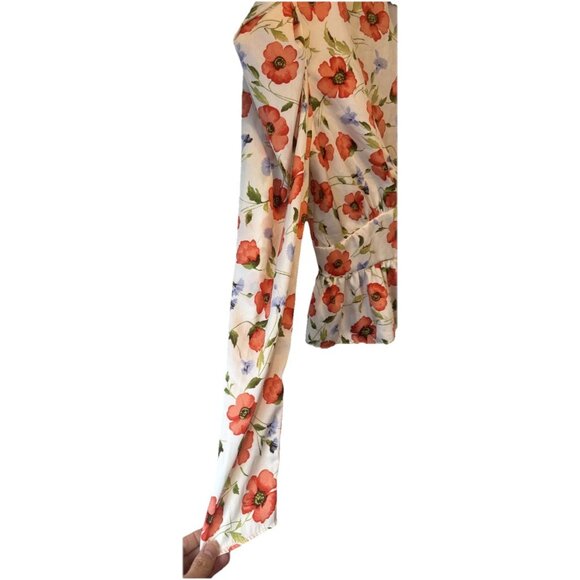 Forever 21 Womens Floral Satin Puff Sleeve Peplum Top Sz L Fairy Feminine - Picture 5 of 12